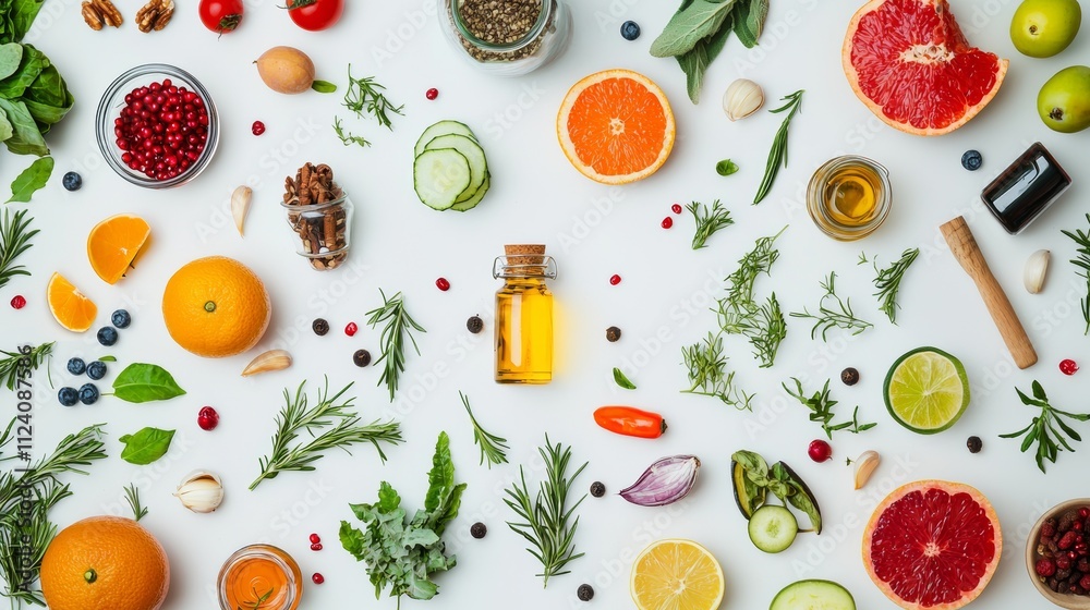 Fresh herbs, citrus fruits, and spices on a white background Fresh herbs, citrus fruits, and spices on a white background