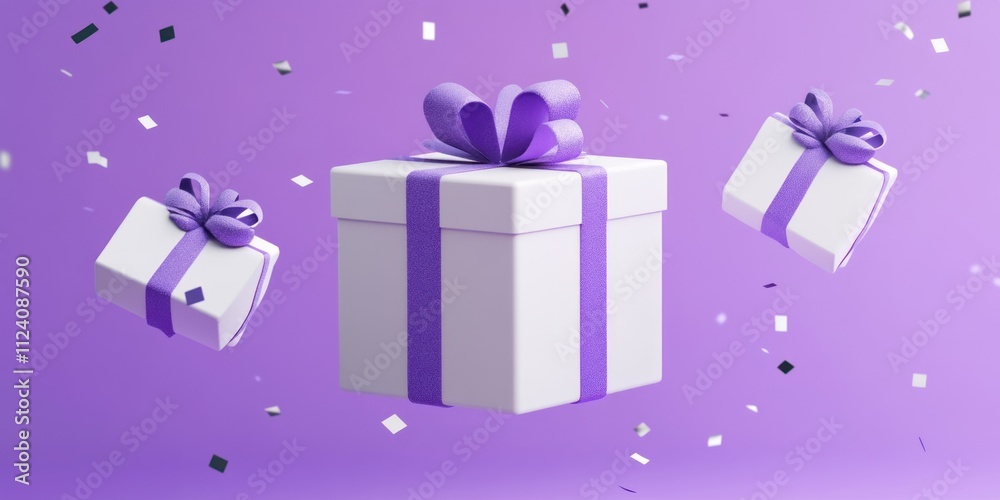 A collection of gift boxes with purple ribbons, surrounded by confetti on a purple background. A collection of gift boxes with purple ribbons, surrounded by confetti on a purple background.