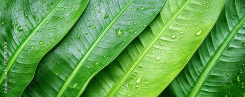 Lush green leaves with water droplets glistening on surface. transpiration and ecology concept.