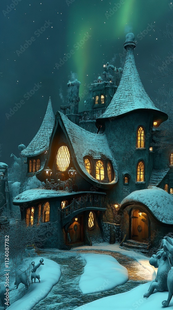 Fototapeta premium Whimsical snow-covered cottage under auroras at night