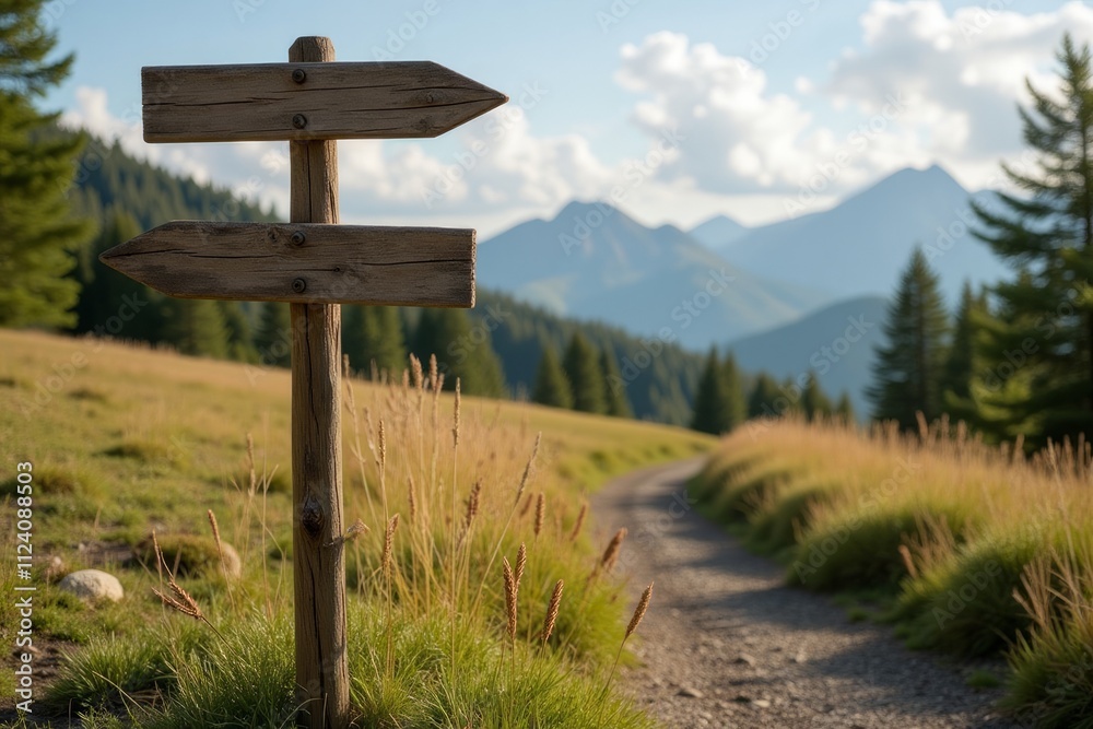 Wooden Signpost Guiding Path Through Mountain Scenery Wooden Signpost Guiding Path Through Mountain Scenery