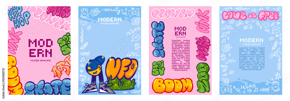 Naklejka premium Street art poster. Urban wall paint drawing. Abstract hip hop graffiti. Underground pattern. Splash spray texture. Marker graphic. Doodle aerosol lettering. Vector rap backgrounds set