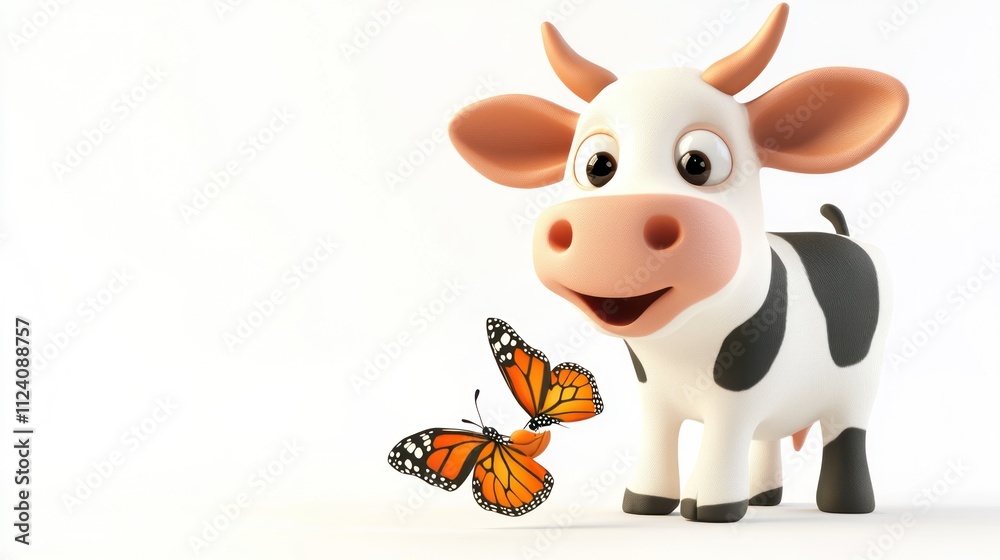 A cheerful cartoon cow interacts with a butterfly, showcasing a playful scene. A cheerful cartoon cow interacts with a butterfly, showcasing a playful scene.