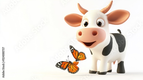 A cheerful cartoon cow interacts with a butterfly, showcasing a playful scene.