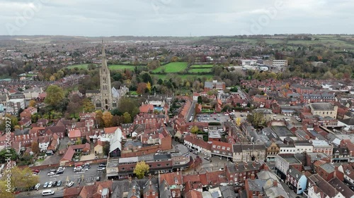 Grantham market town Lincolnshire UK pull back drone aerial reverse reveal photo