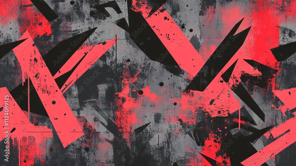 Naklejka premium Abstract seamless grunge pattern featuring vibrant neon lines, dynamic geometric shapes, and energetic brush strokes creating a colorful graffiti-inspired vector background in bold red, black