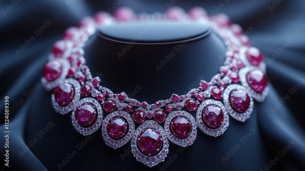 Obraz premium Jewelry close-up of a ruby-studded necklace elegantly draped on a dark satin backdrop