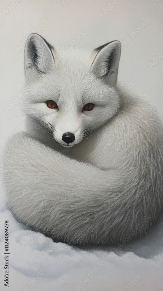 Arctic fox curled in winter snow setting Arctic fox curled in winter snow setting