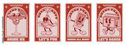Retro posters. Vintage vinyl music. Cartoon emoji characters. Disco ball. Cocktail drink for 90s dance groovy party. Walking happy mascot. Musical recorder. Vector discotheque flyers set