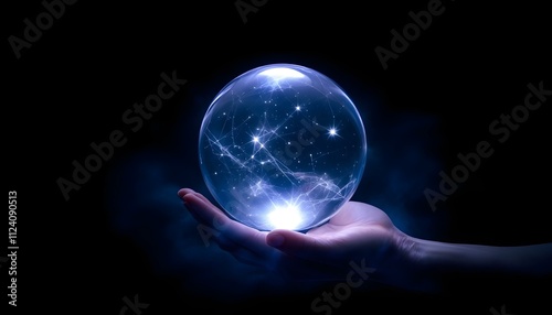 crystal, ball, glowing, aura, mystical, dark, background, isolated, magical, ethereal, mysterious, fantasy, sphere, enchanted, radiant, luminous, glass, orb, spiritual, witchcraft, fortune, divination photo