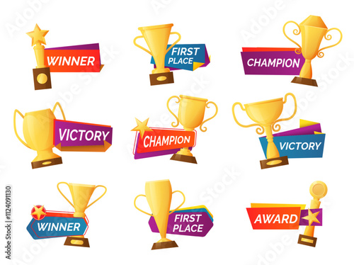 Winner prize. First place emblem, victory label, champion trophy, award ceremony label. Golden cup and ribbon, icon and logo set. Sport or business vector cartoon flat isolated illustration