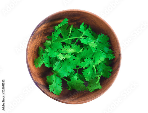 Top view of fresh coriander leaves in wooden bowl on transparent png