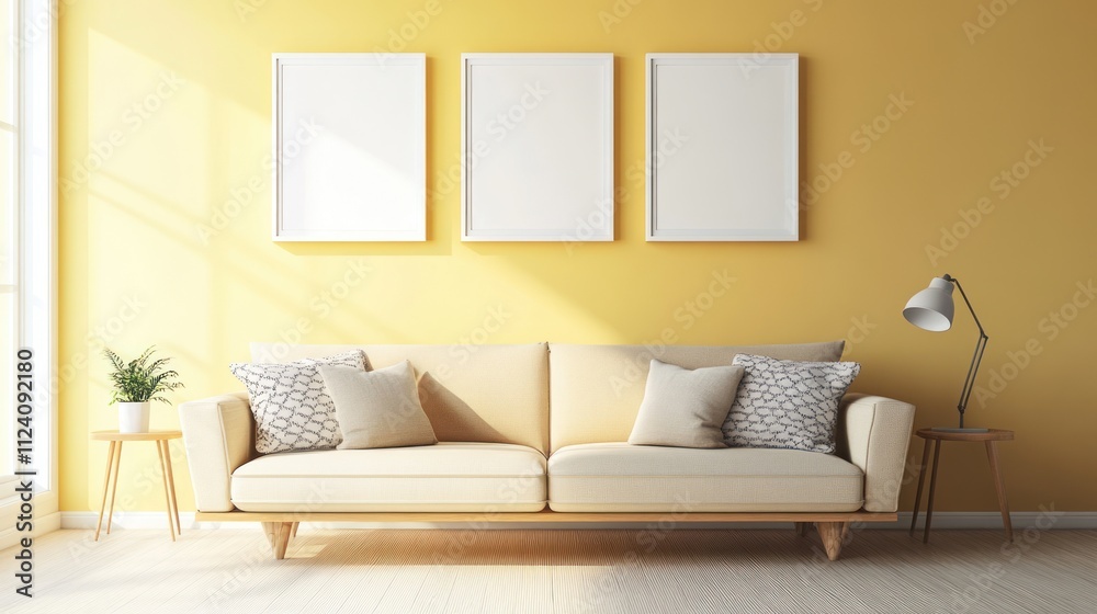 Modern Living Room with Yellow Walls and White Frames Modern Living Room with Yellow Walls and White Frames