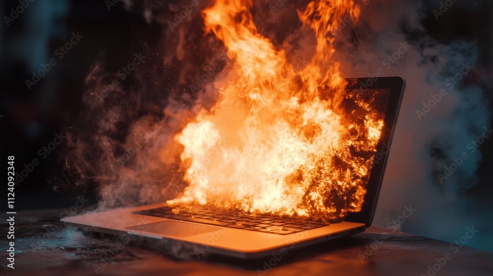 Laptop engulfed in flames, smoke billowing. Illustrates technological failure, data loss, or risk. Laptop engulfed in flames, smoke billowing. Illustrates technological failure, data loss, or risk.