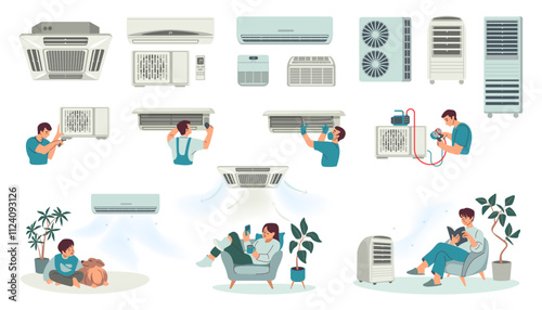 Air condition. Home room ventilation. Fan machine installation and repair. Building system clean and control. Fix ventilator. People relaxing under house cooler. Vector concepts set