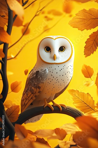 A barn owl full body autumn yellow background photo