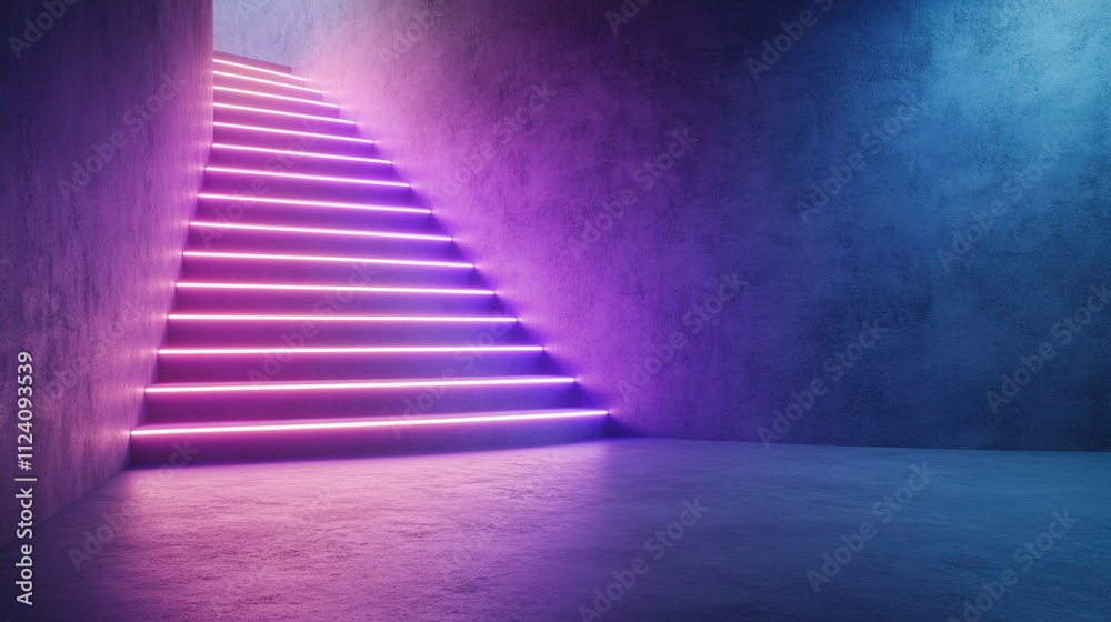 Fototapeta premium A modern staircase illuminated with vibrant neon lights in a minimalist setting.