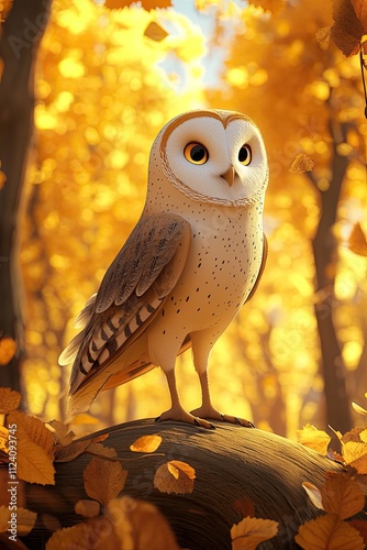 A barn owl full body autumn yellow background photo