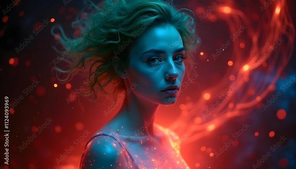 A female humanoid character with glowing skin, flowing black long hair, and red energy emanating from the body, with a dark background of rotating red and blue energy A female humanoid character with glowing skin, flowing black long hair, and red energy emanating from the body, with a dark background of rotating red and blue energy