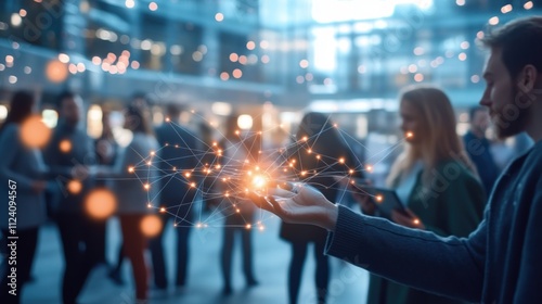 A person holds a glowing digital network in a busy, modern environment.