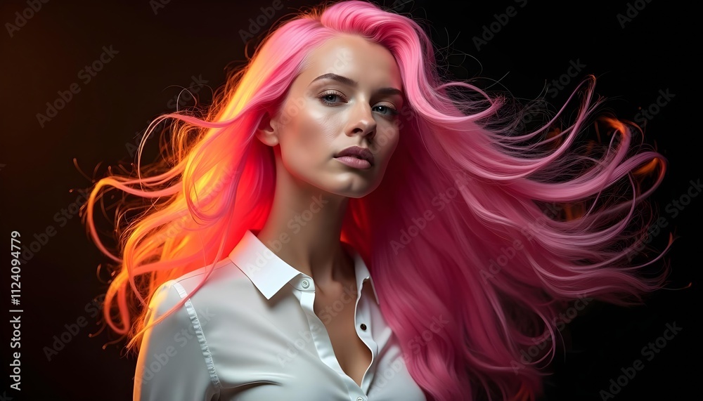 Young Caucasian woman with long bright pink hair in a sophisticated and flowing style, Young Caucasian woman with long bright pink hair in a sophisticated and flowing style,