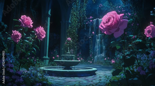 Enchanting moonlit rose garden with fountain and waterfall.