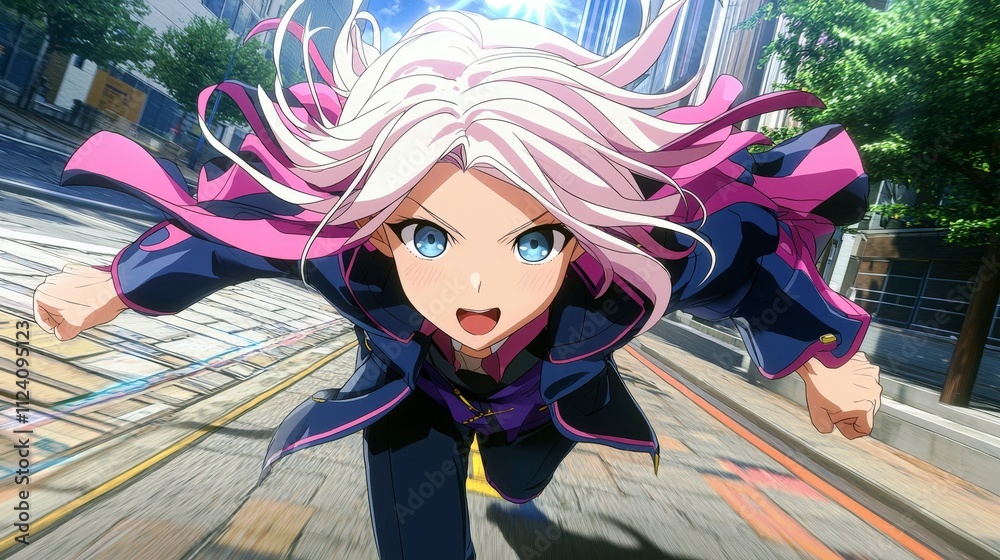 Dynamic anime character racing down an urban street with vibrant hair and intense expression showcasing energy and motion under bright blue sky Dynamic anime character racing down an urban street with vibrant hair and intense expression showcasing energy and motion under bright blue sky