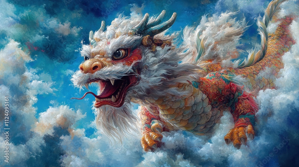 A majestic dragon soaring through colorful clouds. A majestic dragon soaring through colorful clouds.