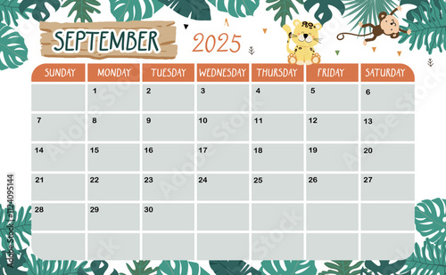 2025 September calendar week start on Sunday with safari style for horizonral printable design
