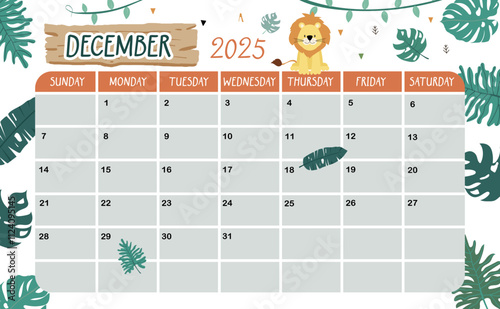 2025 December calendar week start on Sunday with safari style for horizonral printable design