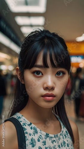 Portrait of young girl with black hair standing in city shopping mall