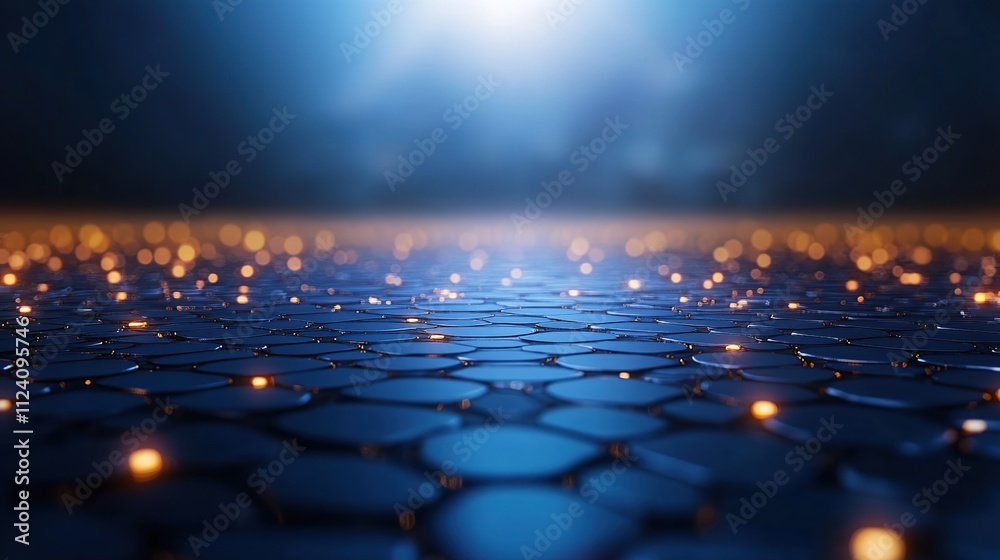 Obraz premium A serene, illuminated surface with a hexagonal pattern and soft glowing lights.