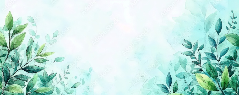 custom made wallpaper toronto digitalBeautiful watercolor artistic background featuring lush green leaves and gentle blue tones, perfect for nature-themed designs and creative projects