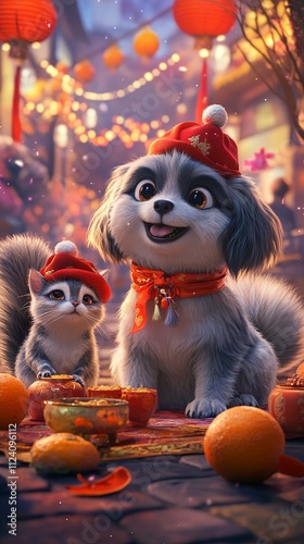 Adorable Puppy and Squirrel Celebrate Lunar New Year in Festive Setting