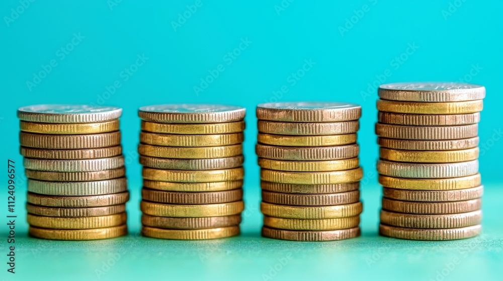 Stacked Coins in Ascending Order on a Vibrant Teal Background Illustrating Financial Growth and Investment Concepts for Stock Photo Use Stacked Coins in Ascending Order on a Vibrant Teal Background Illustrating Financial Growth and Investment Concepts for Stock Photo Use