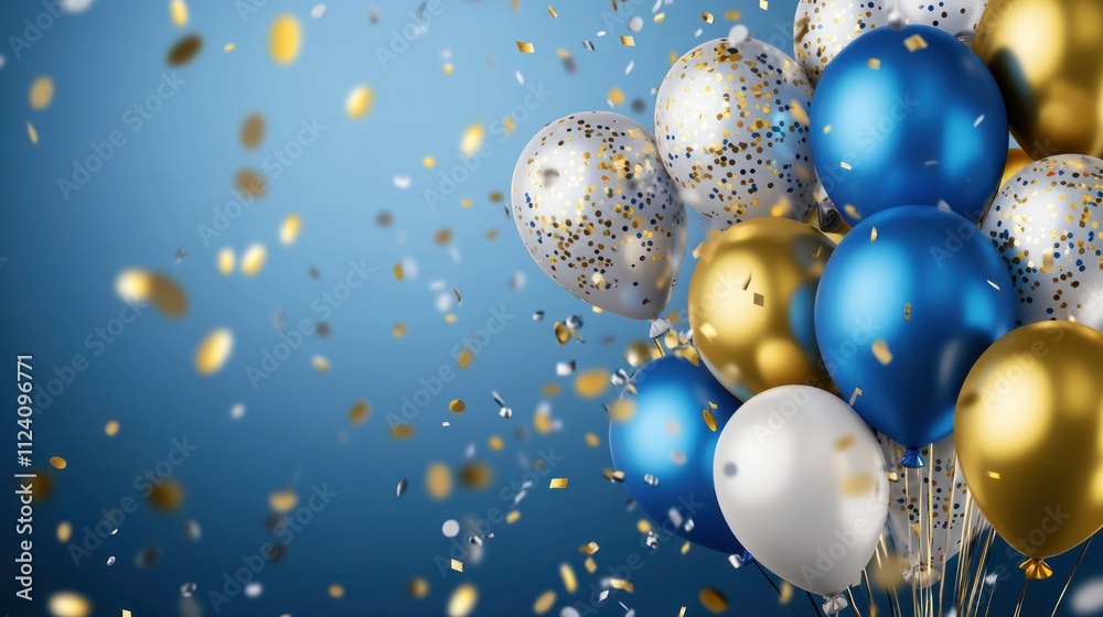 Blue, Gold, and White Balloons with Confetti Blue, Gold, and White Balloons with Confetti