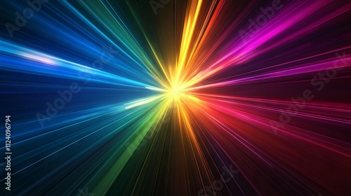 Abstract dark background featuring radiating multicolored light beams forming dynamic stripes as they emanate from a central point