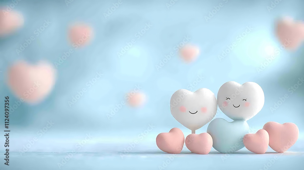 Smiling heart-shaped characters in whimsical digital art with a playful background