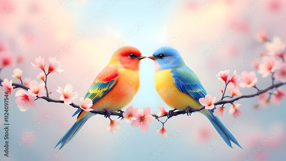 Colorful Lovebirds on a Blossoming Branch with Pastel Sky Colorful Lovebirds on a Blossoming Branch with Pastel Sky