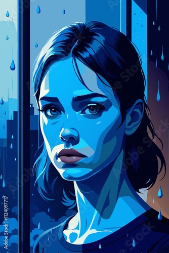 Woman in a contemplative mood in a vector style in blue colors with raindrops