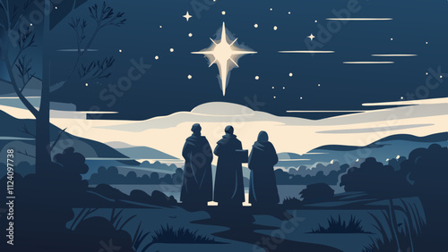 Three Wise Men in a Reverent Mood Following the Star of Bethlehem in Dark Colors, Vector Illustration