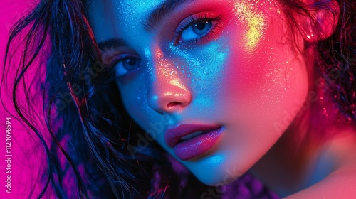 Neon-lit portrait of a woman with glowing makeup