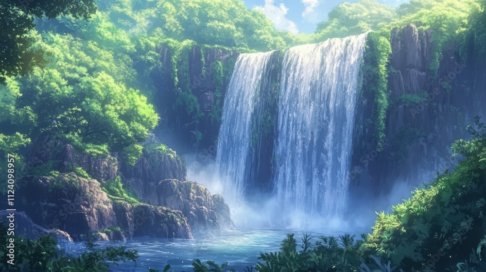 Naklejka premium Lush green foliage surrounds a majestic waterfall cascading into a tranquil pool.