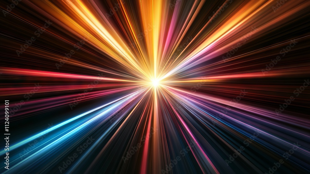 Abstract dark background featuring radiating multicolored light beams forming dynamic stripes as they emanate from a central point Abstract dark background featuring radiating multicolored light beams forming dynamic stripes as they emanate from a central point