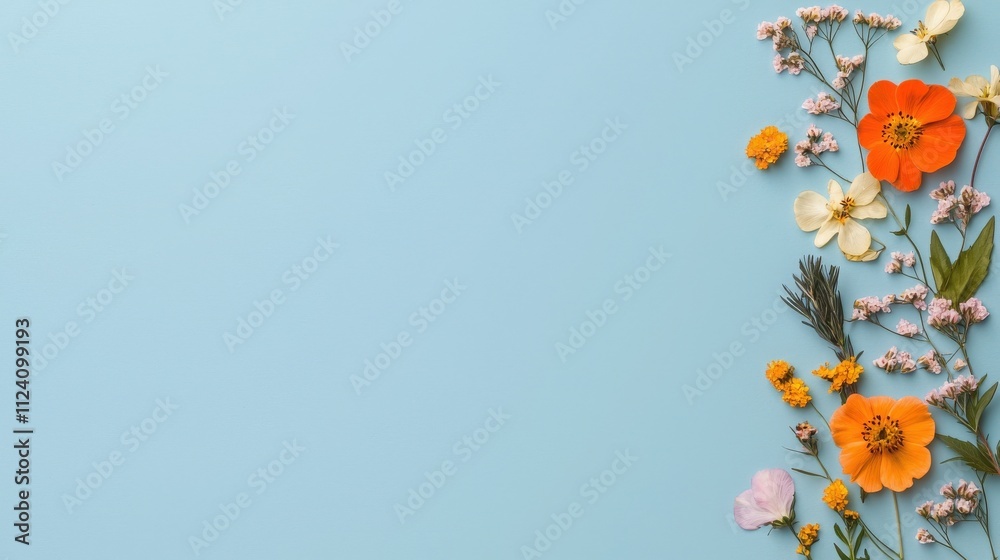 Valentine flowers and commitment concept. Colorful flowers arranged on a light blue background. Valentine flowers and commitment concept. Colorful flowers arranged on a light blue background.