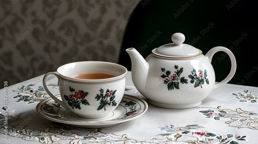 Elegant Tea Set Featuring Intricate Floral Patterns on a Delicate Tablecloth, Capturing a Timeless Moment of Sophistication and Serenity in Tea Time Elegant Tea Set Featuring Intricate Floral Patterns on a Delicate Tablecloth, Capturing a Timeless Moment of Sophistication and Serenity in Tea Time