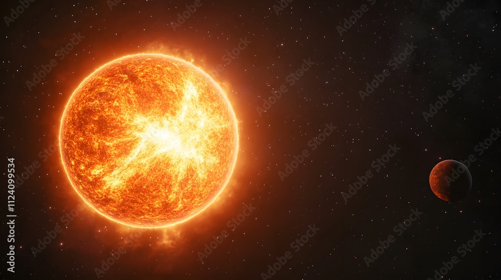 Obraz premium Fiery Star And Distant Planet In Space