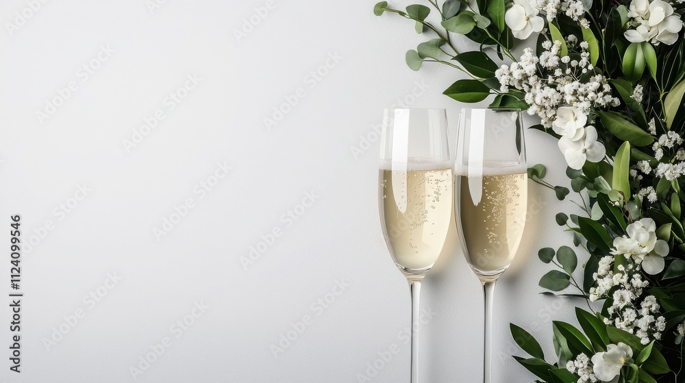 Valentine flowers and commitment concept. Two champagne glasses with floral decoration on a neutral background. Valentine flowers and commitment concept. Two champagne glasses with floral decoration on a neutral background.