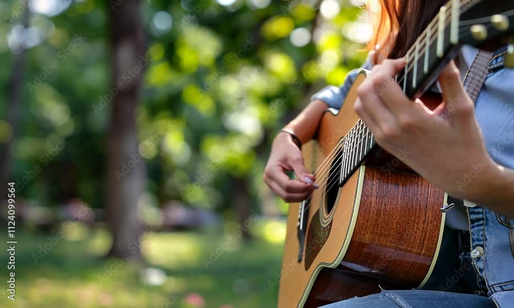 A person playing an acoustic guitar in a sunlit outdoor setting.