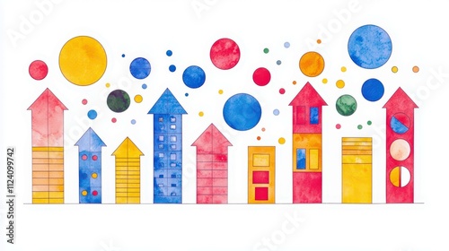 Colorful Abstract Illustration of Houses and Circles in Joyful Vibrant Palette